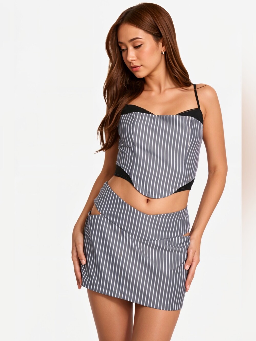 NWT PrettyLittleThing Boohoo Brand Gray Pinstripe Corset Top - Skirt Set